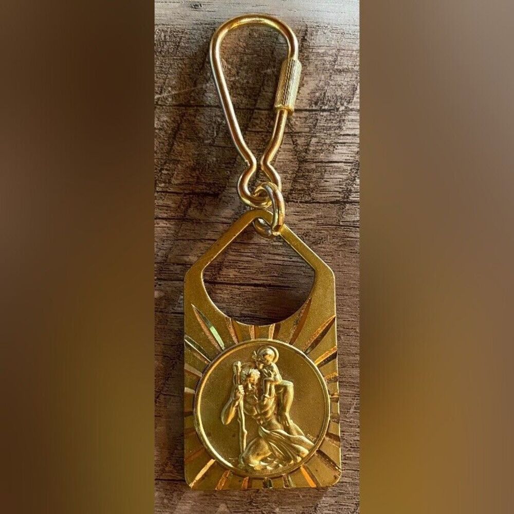 St. Christopher Key Chain Gold Tone Italy 4” Religious Travel